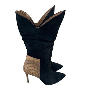 Vintage Black Suede/Leather Mid-Calf Heeled Boots with Architectural Heel Design